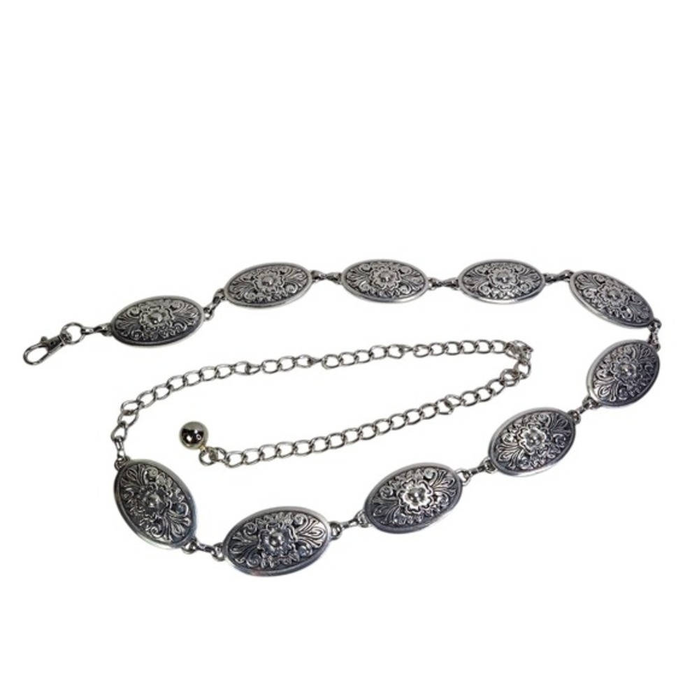 Concho‎ Western Chain Belt Antique Silver Tone Flower Pattern Womens Adjustable